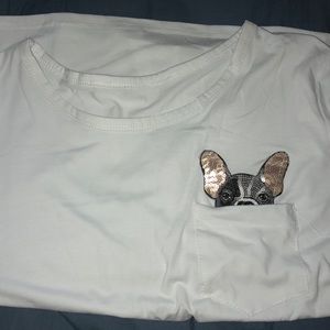 White t-shirt with dog patch under pocket!